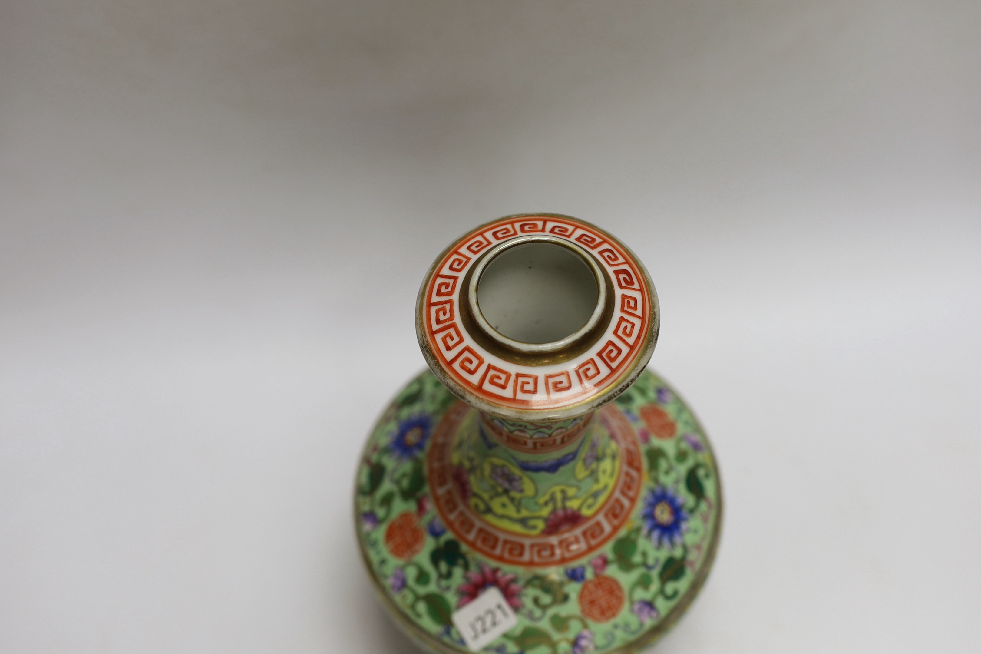 A Chinese enamelled porcelain celadon ground vase, 23.5cm, I box